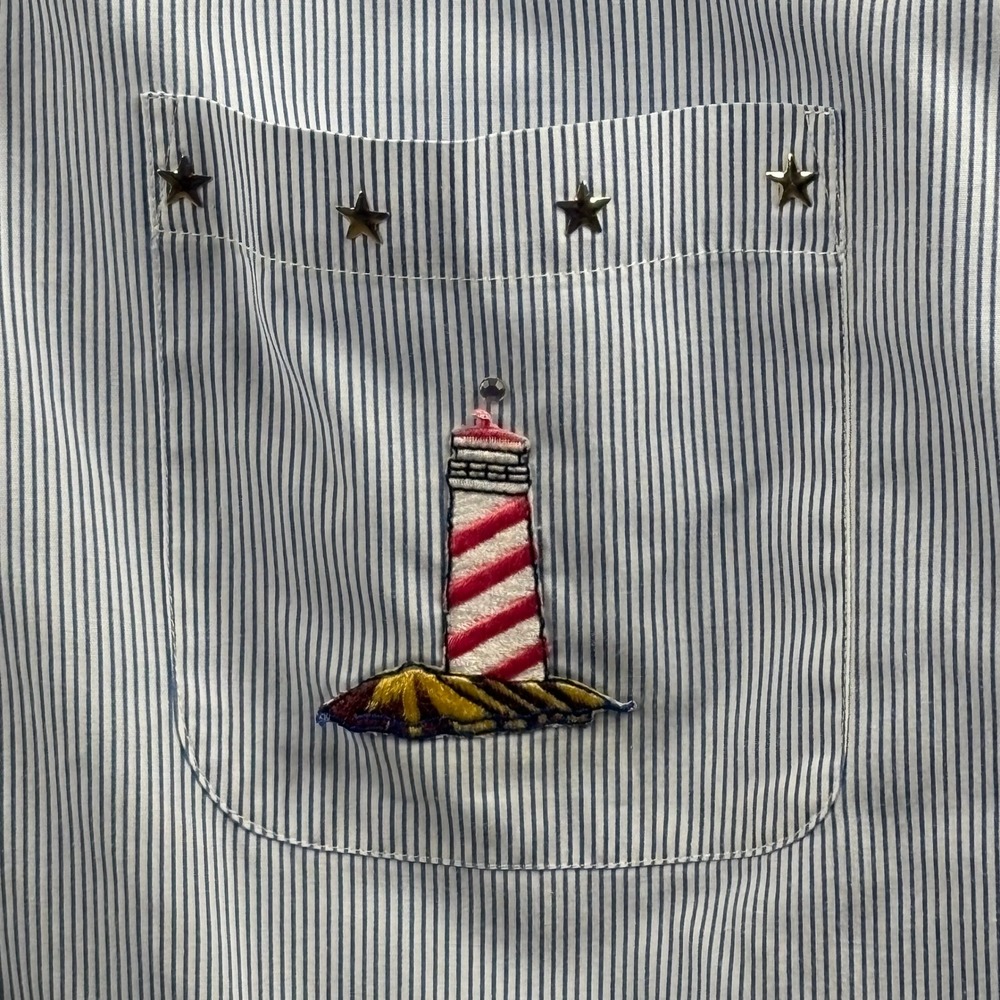 Nautical Lighthouse Embroidered Shirt XL Blue Stripe Coastal‎ Button Up Resort - Picture 6 of 13